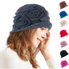 Mujers 100% Wool Cap Beret Two Floral 1920s Winter Beanie Cloche Bucket Hat A287  eb-84059122